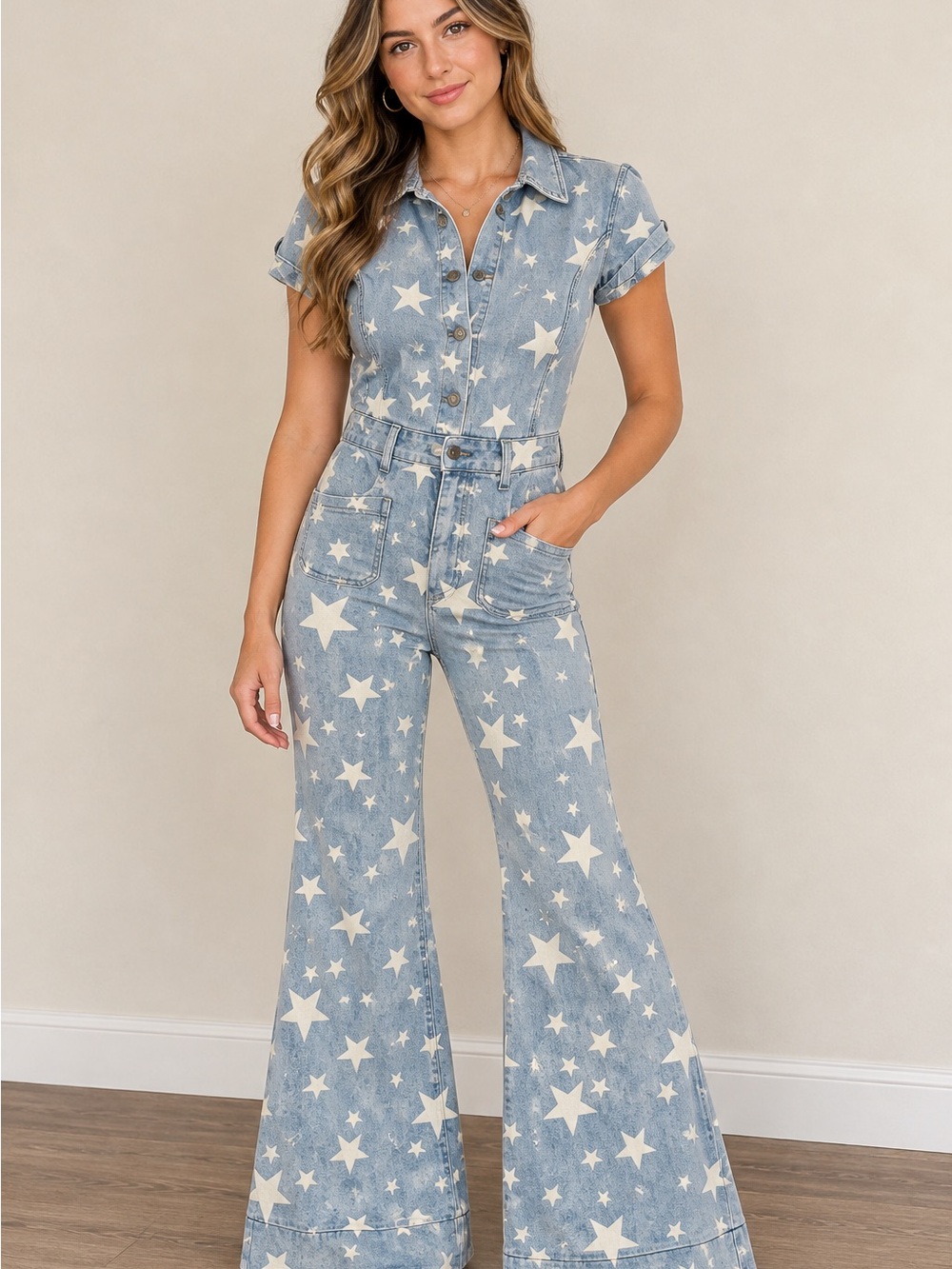Women’s Star-Print Wide Leg Chambray Jumpsuit - Light Blue by Wisteria Lane